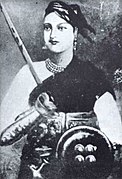 Lakshmibai, the Rani of Jhansi, one of the principal leaders of the Indian Rebellion of 1857, who earlier had lost her kingdom as a result of Lord Dalhousie's Doctrine of Lapse