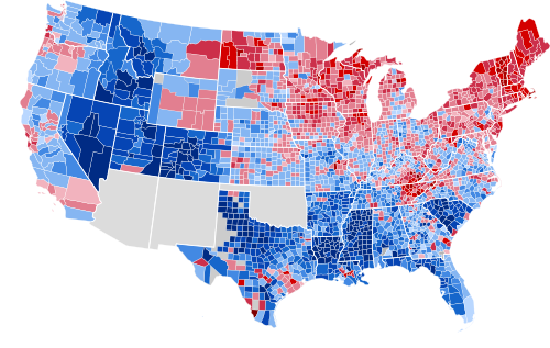 Results by county, shaded according to winning candidate's percentage of the vote