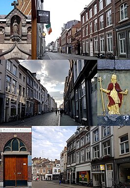 Beelden van de Brusselsestraat: detail Beyartpoort met Mariabeeld · omgeving Beyart · gezicht naar het westen · gevelsteen Sint-Urbanus (nr. 17) · poortje DD Stadsschutterij Maastricht · nabij de Kommel