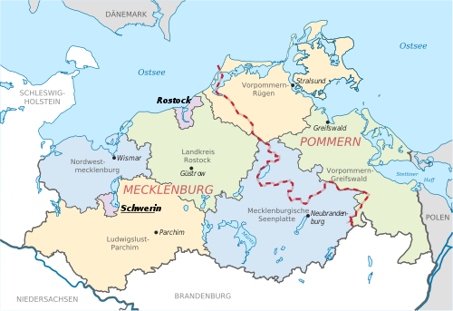 Mapa de Meclemburgo-Pomerânia Ocidental mostrando os limites distritais