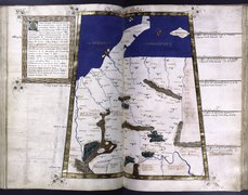 Fourth map of Europe (Germany) in gold border. Commentary text in brown border with gold rubrics and 4-line gold initial on blue and green field (NYPL b12455533-427019).tif