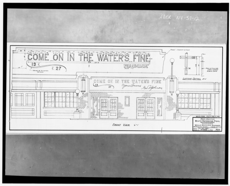 File:Photocopy of blueprint (from plans of Blintz Pool in the Johnson City village Offices) showing FRONT ELEVAITON, 1927 - Charles F. Johnson Pool, Charles F. Johnson Park, Johnson HAER NY,4-JOCI,1A-12.tif