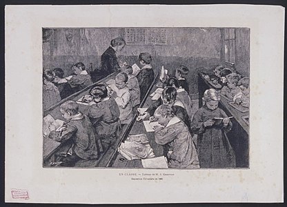 En classe, gravure sur bois d'après une peinture de Jean Geoffroy présentée à l'Exposition universelle de 1889, Rouen, musée national de l'Éducation.