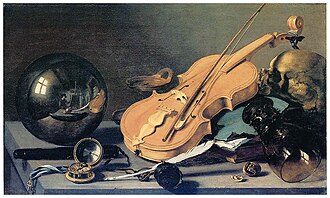 Peinture d'une nature morte comprenant de gauche à droite, une boule de verre, un violon, un verre et un crane humain