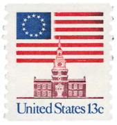 1975 13¢ stamp features the Betsy Ross flag behind Independence Hall[77]