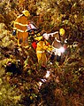 Firefighters lowering a Stokes basket down a hill