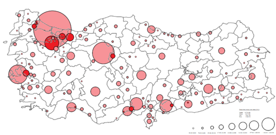 Şehir nüfusunu gösteren orantılı harita.