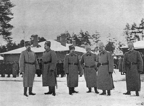 Högre officerare i vinteruniform under första världskriget. Pälsmössa av ny typ (papacha) infördes 1910.[30]