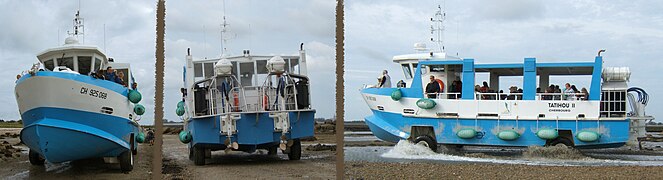 "Image en trois parties d’un bateau sur roues, de gauche à droite, de face et de dos sur roue sèche et de côté avec de l’eau au-dessus des roues."