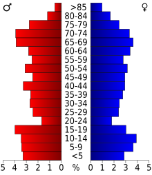 Schéma représentant la population du comté, par tranche d'âge. En rouge, à gauche, les femmes, en bleu à droite, les hommes.