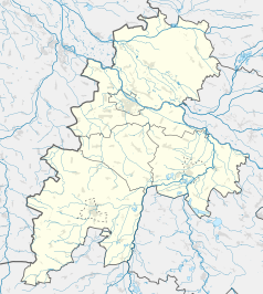 Mapa konturowa powiatu brzeskiego, po prawej znajduje się punkt z opisem „Ratusz w Lewinie Brzeskim”