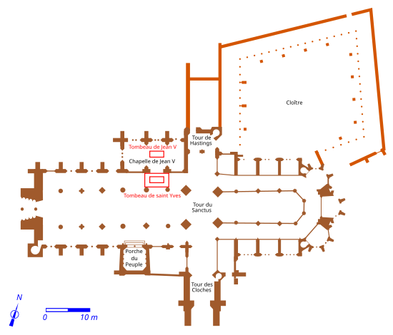 Plan architectural de la cathédrale, avec le cloître en forme de losange dans l'angle nord-est