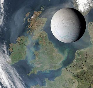 A size comparison of Enceladus against the British Isles.