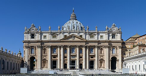 St. Peter's Basilica, Rome, by Donato Bramante, Michelangelo, Carlo Maderno and others, completed in 1615[28]