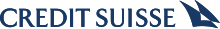 Blue words "Credit Suisse", with two overlapping solid-blue sails. The overlapping part is white.