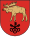 A coat of arms depicting a golden moose with large antlers and a protruding red tongue hovering over three black keys