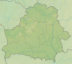 Mapa konturowa Białorusi, na dole po lewej znajduje się punkt z opisem „źródło”, natomiast blisko lewej krawiędzi na dole znajduje się punkt z opisem „ujście”