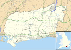 Mapa konturowa West Sussex, blisko centrum po prawej na dole znajduje się punkt z opisem „Bramber”