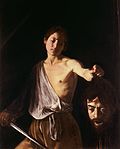 David avec la tête de Goliath, l'une des toiles les plus sombres et désespérées que peint Caravage pendant sa période d'exil : la tête coupée de Goliath est peut-être un autoportrait.