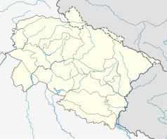 Mapa konturowa Uttarakhandu, po lewej znajduje się punkt z opisem „Roorkee”