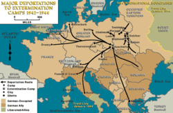 Χάρτης όπου φαίνεται πως τα περισσότερα στρατόπεδα βρίσκονταν ανατολικά της Γερμανίας και οι περισσότεροι κρατούμενοι προέρχονταν από κατειλημμένες χώρες και ορισμένους συμμάχους.