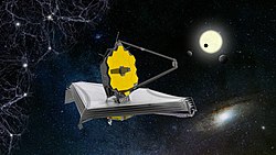 An artwork depicting a space telescope with astronomy-related iconography surrounding it