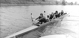 Kersten Neisser, Angelika Noack, Ute Skorupski, Marita Sandig met daarachter (verborgen achter Sandig) stuurvrouw Kirsten Wenzel tijdens een training op 21 augustus 1979