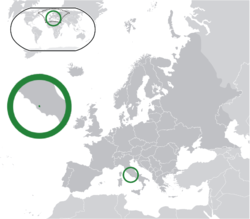 Vatikanstatens placering  (grøn) på det europæiske kontinent  (mørkegrå)  –  [Forklaring]