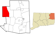 Ashford's location within Windham County and Connecticut