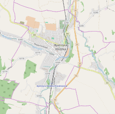 Mapa konturowa Bystrzycy Kłodzkiej, w centrum znajduje się punkt z opisem „Pomnik Trójcy Świętej w Bystrzycy Kłodzkiej”