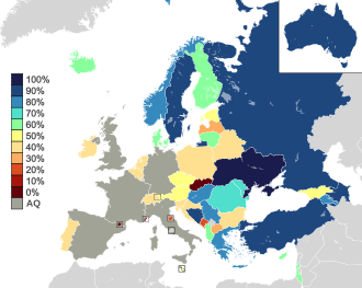 Map of countries in Europe, North Africa and Western Asia, with Australia as an insert in the top-right corner, shaded to indicate their semi-final qualification rates: countries with high rates are shown in shades of blue, while countries with low rates are shown in shades of red and orange