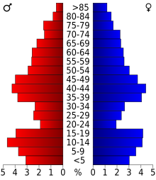 Schéma représentant la population du comté, par tranche d'âge. En rouge, à gauche, les femmes, en bleu à droite, les hommes.