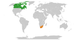 Map indicating locations of Canada and South Africa