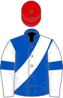 Royal blue, white sash, white sleeves, royal blue armlets, red cap