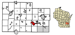 Location of Hartford in Dodge County (west) and Washington County (east), Wisconsin