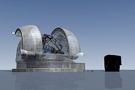 ELT compared with one of the four existing VLT Unit Telescopes at Cerro Paranal, Chile.