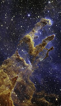 Third place: Young stars form in 'The Pillars of Creation' as seen by the James Webb Space Telescope’s near-infrared camera Így nevezd meg: NASA, ESA, CSA, STScI; image processing by Joseph DePasquale (STScI), Anton M. Koekemoer (STScI), Alyssa Pagan (STScI) (public domain) 292 votes