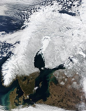 Teilweise zugefrorener Bottnischer Meerbusen, Satellitenbild (März 2002)