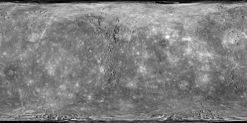 Mappa topografica di Mercurio. Proiezione di Mercatore. Area rappresentata: 90°N-90°S; 180°W-180°E.