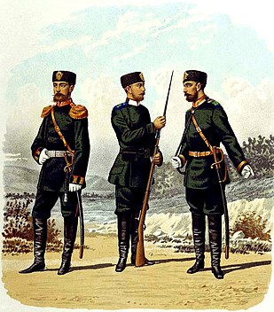 Officer, soldat och underofficer i uniform modell 1882.