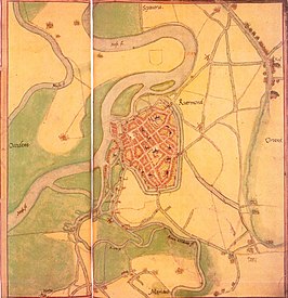 Plattegrond van Roermond uit ca. 1558–1575, gemaakt door Jacob van Deventer, waarop bovenin in het midden, het toenmalige klooster is afgebeeld.