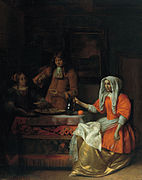 Company in an interior eating oysters c. 1681