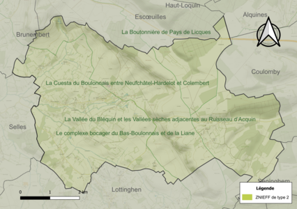 Carte des ZNIEFF de type 2 sur la commune.