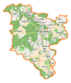 Mapa konturowa gminy Oborniki Śląskie, u góry nieco na lewo znajduje się punkt z opisem „Pałac w Wielkiej Lipie”