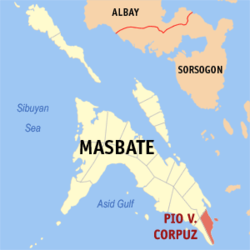 Map of Masbate with Pio V. Corpus highlighted