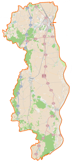 Mapa konturowa powiatu tczewskiego, w centrum znajduje się punkt z opisem „Wyższe Seminarium Duchowne w Pelplinie”