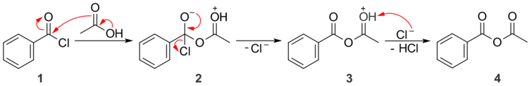 Benzoyl chloride and acetic acid react to give a mixed anhydride.