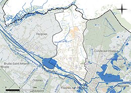 Carte en couleur présentant le réseau hydrographique de la commune