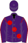 Purple, large red spots, red seams on sleeves, purple cap