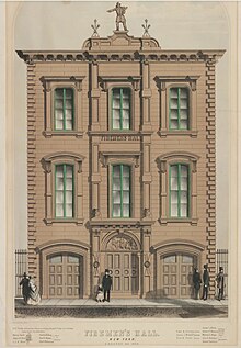 drawing of the three story façade of Firemen's Hall. The building has three sets of doors on the first floor, three windows on the second and third floor, and has a statue of a fireman above it's cornice.